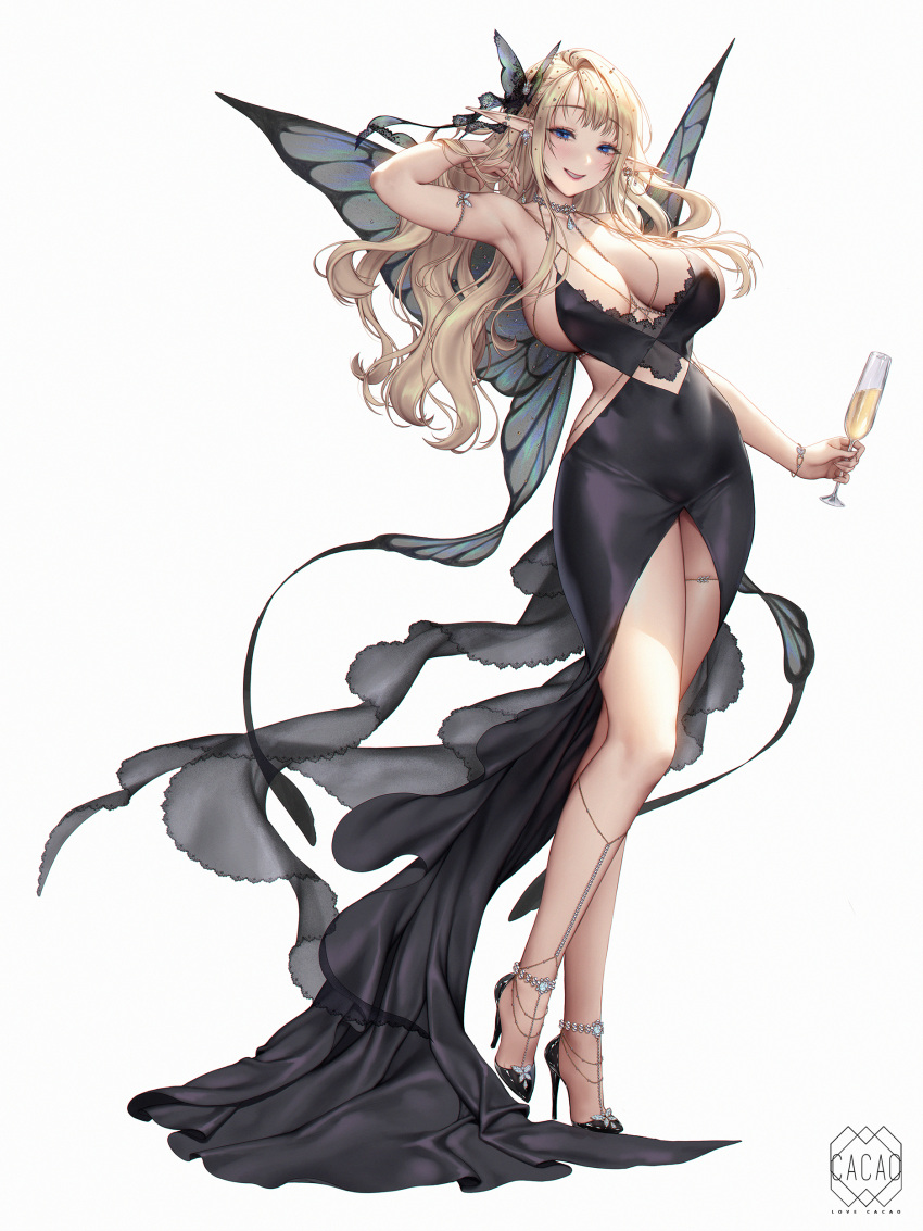 1girl absurdres alcohol artist_logo black_dress black_footwear blonde_hair blue_eyes bracelet breasts butterfly_hair_ornament butterfly_wings champagne champagne_flute cup dress drinking_glass earrings elf full_body hair_ornament hand_in_own_hair haneame high_heels highres holding holding_cup insect_wings jewelry large_breasts lips long_hair love_cacao original parted_lips pointy_ears showgirl_skirt smile solo wings