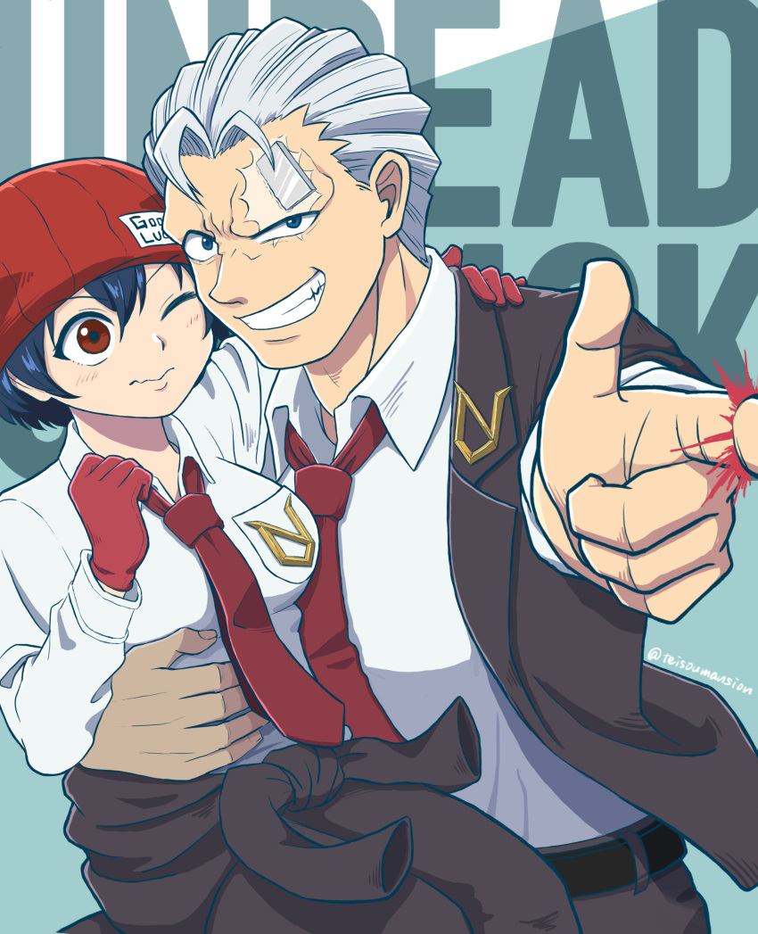 1boy 1girl absurdres andy_(undead_unluck) belt black_hair brown_eyes couple dress_shirt emblem english_text finger_gun gloves green_eyes highres hug izumo_fuuko one_eye_closed red_gloves red_tie shirt short_hair smile suit sweater tawaman undead_unluck white_hair