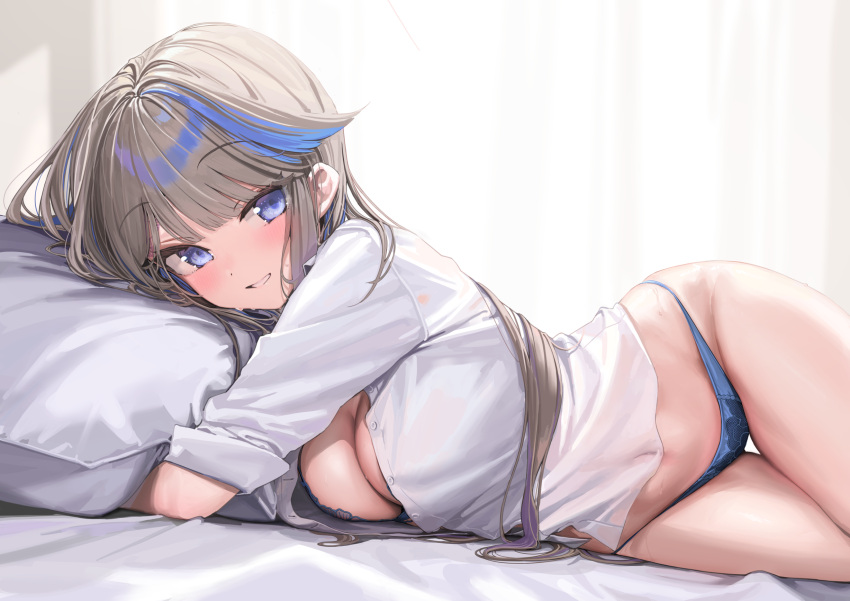 1girl airi_kanna bed_sheet blue_eyes blue_hair blue_panties blush bra bra_peek breasts brown_hair cleavage commentary_request head_on_pillow highres indoors kanzarin large_breasts long_hair looking_at_viewer lying midriff multicolored_hair navel no_pants on_bed on_side panties shirt sleeves_rolled_up smile solo stellive stomach streaked_hair thigh_gap underwear virtual_youtuber white_shirt
