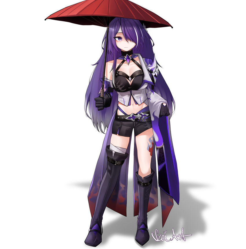 1girl absurdres acheron_(honkai:_star_rail) bandaged_leg bandages black_footwear black_gloves boots commentary crop_top elbow_gloves full_body gloves hair_over_one_eye highres holding holding_umbrella honkai:_star_rail honkai_(series) long_hair looking_at_viewer midriff multicolored_hair navel purple_eyes purple_hair red_umbrella single_bare_shoulder solo standing streaked_hair szei umbrella very_long_hair white_hair