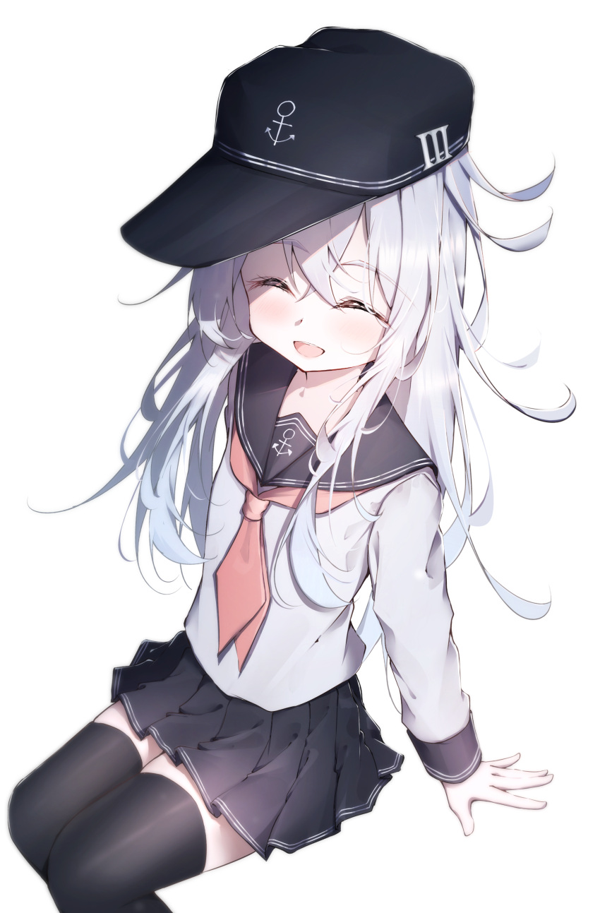 1girl absurdres anchor_symbol black_hat black_sailor_collar black_skirt black_thighhighs blush closed_eyes dfd feet_out_of_frame flat_cap grey_hair hair_between_eyes hat hibiki_(kancolle) highres kantai_collection long_hair long_sleeves neckerchief open_mouth pleated_skirt red_neckerchief sailor_collar school_uniform serafuku simple_background skirt smile solo thighhighs white_background