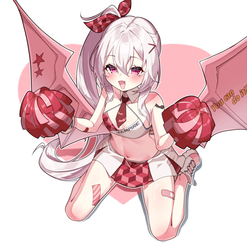 1girl alternate_costume alternate_hairstyle azur_lane bandaid bandaid_on_leg bare_shoulders bat_wings blush cheerleader collarbone commentary criss-cross_halter detached_collar english_text fang from_above hair_between_eyes halterneck high_side_ponytail highres long_hair looking_at_viewer marimo_daifuku millennium_cheerleader_outfit_(blue_archive) navel pink_eyes pleated_skirt pom_pom_(cheerleading) red_skirt shoes side_ponytail sitting skin_fang skirt slit_pupils sneakers solo stomach two-tone_skirt vampire_(azur_lane) very_long_hair wariza white_footwear white_hair white_skirt wings