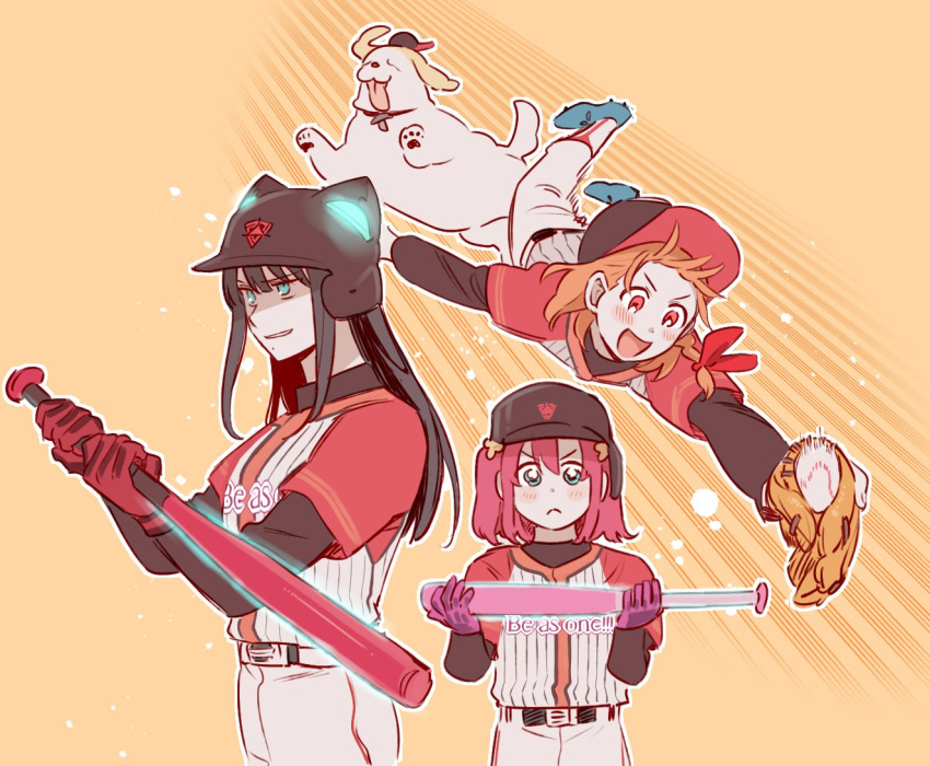 3girls animal_ear_headwear baseball baseball_bat baseball_cap baseball_mitt baseball_uniform black_hair blue_eyes blush cleats closed_mouth commentary_request gloves hair_ribbon hat holding holding_baseball_bat korean_commentary kurosawa_dia kurosawa_ruby layered_sleeves long_hair long_sleeves love_live! love_live!_sunshine!! midair mole mole_under_mouth multiple_girls open_mouth orange_background orange_eyes pants parted_lips pito_(sh02327) purple_gloves red_eyes red_gloves red_hair red_ribbon red_shirt ribbon shiitake_(love_live!_sunshine!!) shirt short_over_long_sleeves short_sleeves smile sportswear striped_clothes striped_shirt takami_chika twintails undershirt v-shaped_eyebrows white_pants white_shirt
