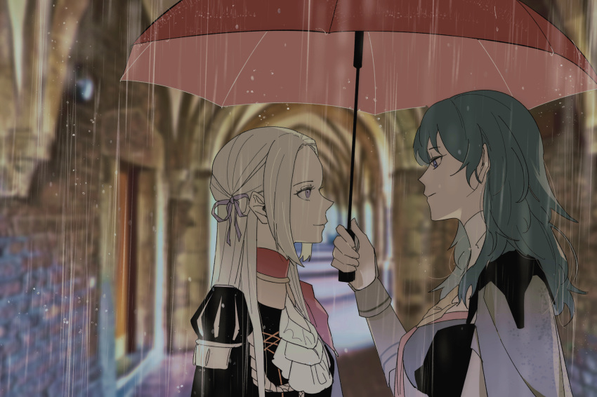 2girls ascot b_(wldms6650) black_ribbon blue_hair byleth_(female)_(fire_emblem) byleth_(fire_emblem) closed_mouth commentary edelgard_von_hresvelg english_commentary eye_contact fire_emblem fire_emblem:_three_houses hair_ribbon highres holding holding_umbrella long_hair looking_at_another multiple_girls outdoors photo_background purple_eyes purple_ribbon rain red_umbrella ribbon shared_umbrella umbrella upper_body white_ascot white_hair
