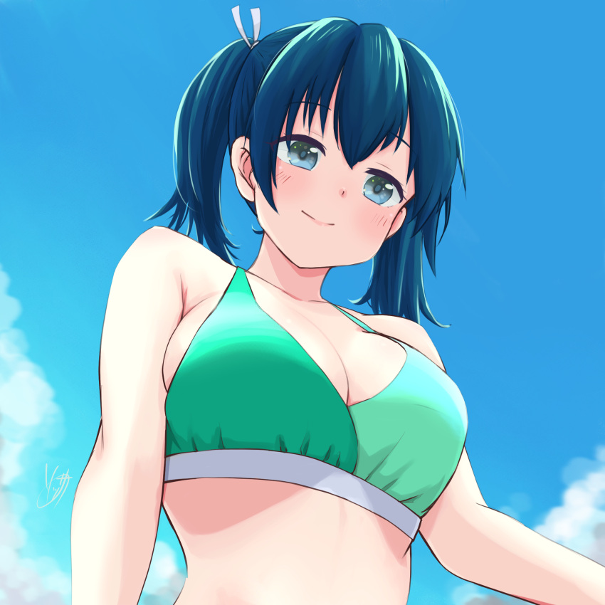 1girl bare_arms bare_shoulders bikini blue_eyes blue_hair blush breasts cleavage closed_mouth collarbone green_bikini hair_between_eyes hair_ribbon highres kantai_collection large_breasts long_hair revision ribbon smile solo sosser souryuu_(kancolle) swimsuit twitter_username upper_body white_ribbon