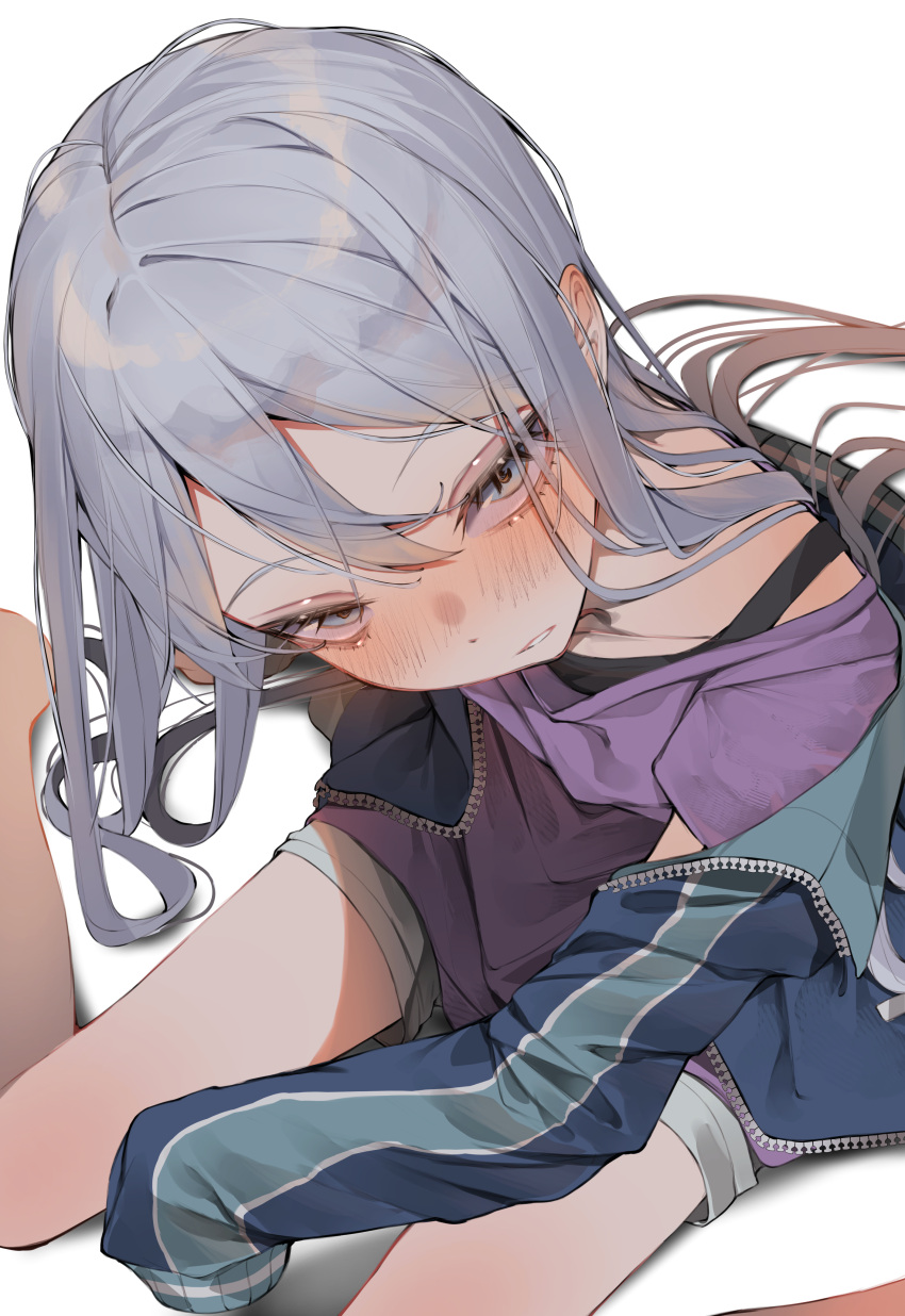 1girl absurdres black_tank_top blue_eyes blue_jacket blush collarbone commentary grey_hair highres jacket long_hair looking_at_viewer looking_up parted_lips project_sekai purple_shirt shirt simple_background sitting sleeves_past_wrists solo swept_bangs tank_top tsune_(tune) very_long_hair wariza white_background yoisaki_kanade