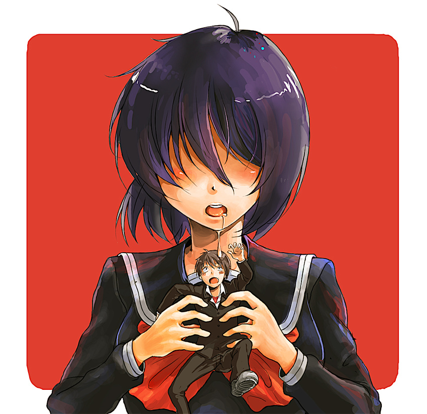 1girl bad_id bad_pixiv_id black_hair blush_stickers brown_hair drooling hair_over_eyes miniboy mizuiro_cyan nazo_no_kanojo_x open_mouth saliva school_uniform serafuku tongue tsubaki_akira urabe_mikoto