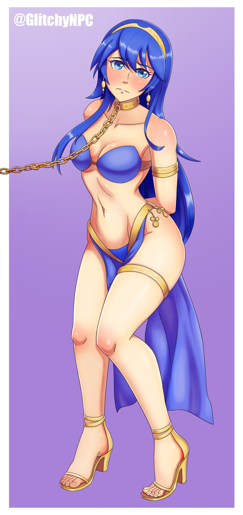 1girl absurdres arabian_clothes bikini blue_eyes blue_hair blush chain commentary earrings fire_emblem fire_emblem_awakening glitchynpc gold_bracelet gold_chain gold_earrings harem_outfit high_heels highres humiliation jewelry leash long_hair lucina_(fire_emblem) slave solo swimsuit tiara