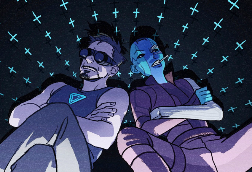 1boy 1girl arc_reactor avengers:_endgame avengers_(series) bare_shoulders belt black_eyes black_hair black_tank_top blue_skin closed_eyes colored_skin commentary crossed_arms crossed_legs facial_hair feet_out_of_frame fingernails goggles grey_pants hallpen jacket long_sleeves looking_at_viewer lying marvel marvel_cinematic_universe nebula_(gotg) on_back open_clothes open_jacket pants prosthesis prosthetic_arm purple-tinted_eyewear purple_belt purple_jacket purple_pants purple_shirt shadow shirt short_hair spread_legs symbol-only_commentary tank_top teeth tinted_eyewear tony_stark