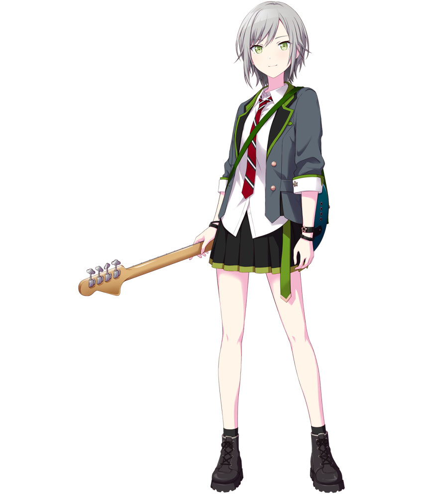 1girl black_skirt black_socks bracelet brown_footwear full_body green_eyes grey_hair grey_jacket guitar highres hinomori_shiho holding holding_guitar holding_instrument instrument jacket jewelry looking_at_viewer necktie non-web_source official_art pleated_skirt project_sekai red_necktie shirt short_hair skirt smile socks solo striped_necktie tachi-e transparent_background white_shirt