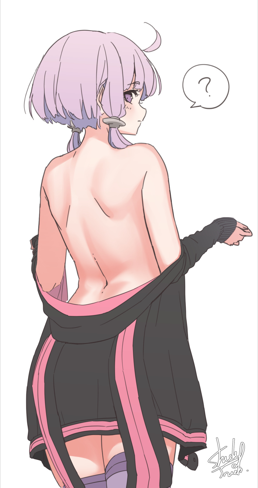 1girl ? absurdres ahoge arched_back bare_back bare_shoulders black_jacket closed_mouth cowboy_shot from_behind hair_ornament hands_up highres jacket jacket_partially_removed long_hair looking_back no_shirt profile purple_eyes purple_hair purple_thighhighs shade_of_trees short_hair_with_long_locks shoulder_blades sidelocks signature simple_background solo spoken_question_mark standing thighhighs vocaloid voiceroid w_arms white_background yuzuki_yukari