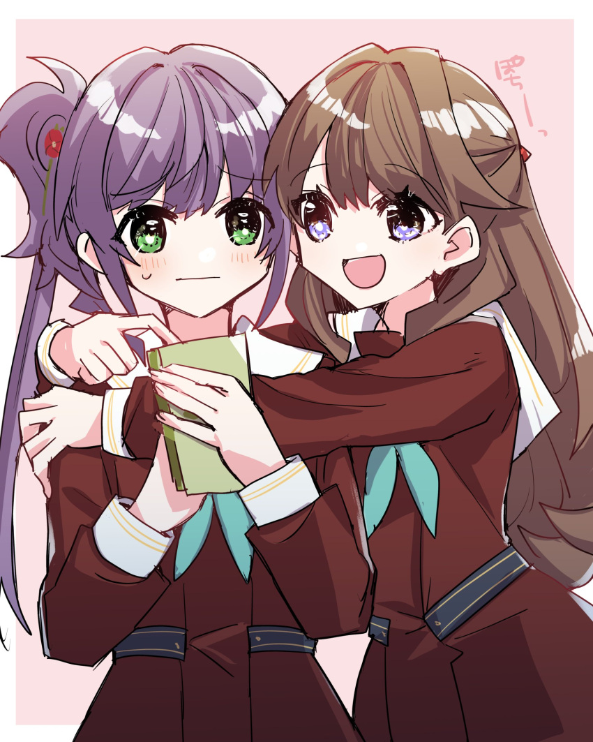 2girls :d :| aqua_neckerchief arm_around_shoulder border brown_dress brown_hair cellphone check_translation closed_mouth commentary cowboy_shot dress flower fujishima_megumi furrowed_brow green_eyes hair_flower hair_ornament hair_over_shoulder half_updo hand_on_another's_arm hasu_no_sora_school_uniform highres holding holding_phone kanduki_kamibukuro light_blush link!_like!_love_live! long_hair long_sleeves looking_at_another looking_at_phone love_live! multiple_girls neckerchief open_mouth otomune_kozue outside_border phone pink_background pleated_dress purple_eyes purple_hair raised_eyebrows red_flower sailor_collar sailor_dress school_uniform side_ponytail sidelocks small_sweatdrop smartphone smile translation_request virtual_youtuber white_border white_sailor_collar winter_uniform