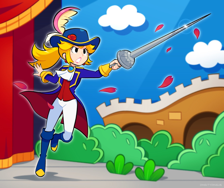 1girl ascot blonde_hair blue_coat blue_footwear blue_hat boots bush cavalier_hat coat falling_petals flower hat hat_feather hat_flower highres holding holding_rapier holding_sword holding_weapon knee_boots long_hair mario_(series) official_alternate_costume official_alternate_hairstyle pants petals ponytail princess_peach princess_peach:_showtime! rapier red_coat red_flower red_petals red_rose red_vest rose rose_petals solo sword swordfighter_peach two-sided_coat two-sided_fabric vest vinny_(dingitydingus) weapon white_ascot white_pants