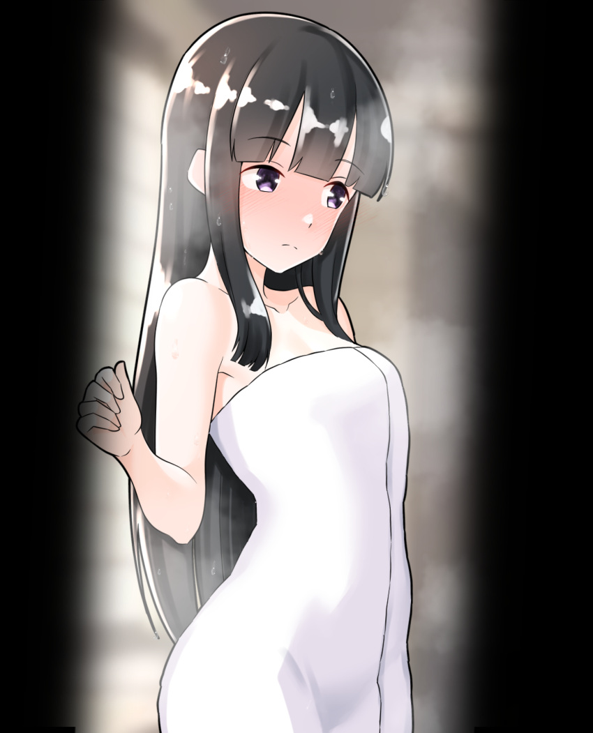 1girl after_bathing black_hair blunt_bangs breasts furaggu_(frag_0416) hair_down highres kantai_collection kitakami_(kancolle) long_hair naked_towel pov_doorway purple_eyes small_breasts solo standing towel very_long_hair white_towel