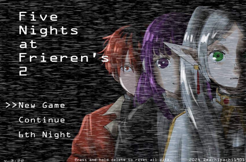 1boy 2girls black_coat capelet coat commentary dangle_earrings dress earrings english_commentary english_text five_nights_at_freddy's five_nights_at_freddy's_2 gold_trim green_eyes hair_over_shoulder heads-up_display highres jacket jewelry looking_at_viewer machipachi1901 multiple_girls pointy_ears purple_eyes purple_hair red_eyes red_hair red_jacket sousou_no_frieren static straight-on twintails upper_body white_capelet white_dress