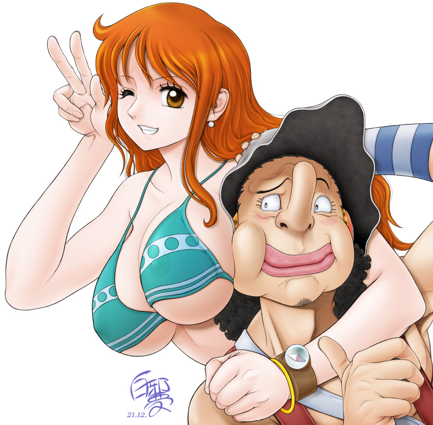 1boy 1girl between_breasts breasts cleavage earrings face_between_breasts grin hat head_between_breasts highres hug jewelry long_hair looking_at_viewer nami_(one_piece) non-web_source one_eye_closed one_piece orange_hair smile usopp v