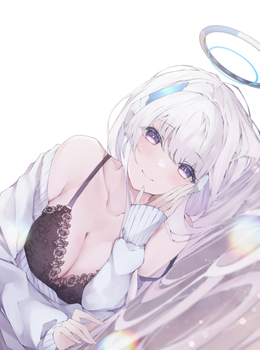1girl absurdres bed_sheet black_bra blue_archive blush bra breasts cleavage grey_hair halo headgear highres hojiro_same large_breasts looking_at_viewer loose_clothes lying noa_(blue_archive) on_side purple_eyes smile solo strap_slip sweater underwear upper_body white_sweater