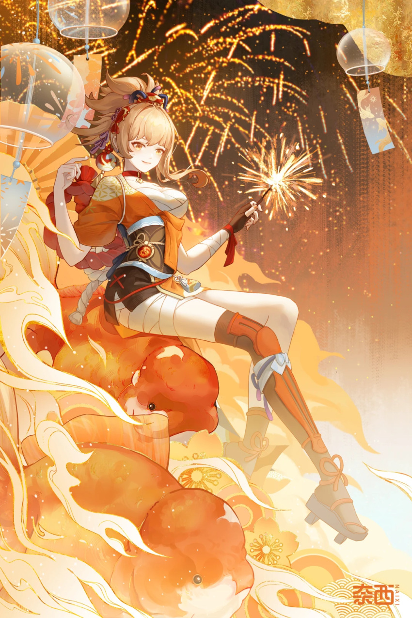 1girl artist_name bandaged_arm bandaged_leg bandages black_gloves blonde_hair breasts butterfly_choker chest_sarashi choker cleavage closed_mouth commentary_request fingerless_gloves fireworks full_body genshin_impact gloves hadanugi_dousa hands_up highres holding_fireworks japanese_clothes kimono long_hair naixi_cc obi orange_eyes orange_kimono red_choker sarashi sash single_fingerless_glove smile solo sparkler vision_(genshin_impact) yoimiya_(genshin_impact)