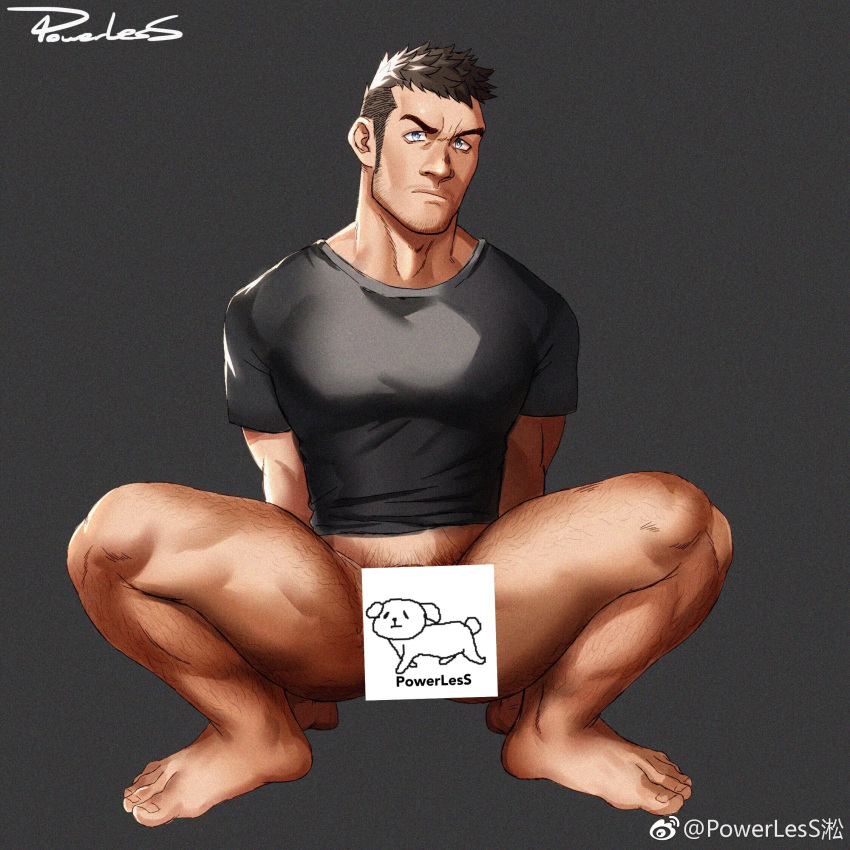 1boy arms_behind_back bara bottomless censored frown hairy highres large_pectorals long_sideburns looking_at_viewer male_focus male_pubic_hair mascot mature_male muscular muscular_male original pectorals powerlesssong pubic_hair shirt short_hair sideburns solo sparse_ass_hair sparse_stubble spread_legs squatting t-shirt thick_eyebrows thick_leg_hair thick_thighs thighs