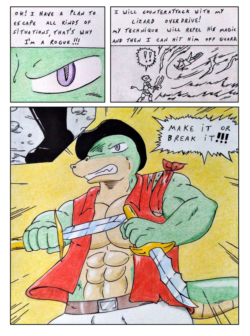 abs absurd_res angry anthro barazoku battle biceps big_muscles big_pecs black_boots black_clothing black_footwear black_hat black_headwear boots bulge clenched_teeth clothed clothing comic comic_panel dagger dashthefox determination determined dialogue english_text fight fingers footwear green_body hat headgear headwear hi_res holding_object holding_weapon lizard lizard_tail male manly medieval_clothing medieval_fantasy melee_weapon muscular muscular_anthro muscular_arms muscular_male nikel obliques open_clothing open_shirt open_topwear pecs purple_eyes red_clothing reptile scalie shirt simple_background speech_bubble tail teeth teeth_showing tension text thinking topwear traditional_media_(artwork) weapon wounded yellow_background