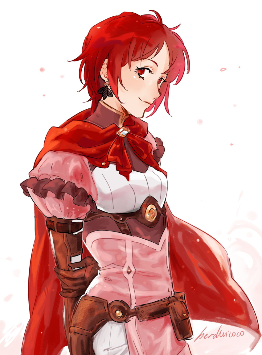 1girl arms_behind_back artist_name brown_gloves cape closed_mouth commentary earrings elbow_gloves fire_emblem fire_emblem:_three_houses fire_emblem_warriors:_three_hopes gloves herdwicoco highres jewelry monica_von_ochs pouch puffy_sleeves red_cape red_eyes red_hair short_hair signature simple_background smile solo standing twitter_username white_background