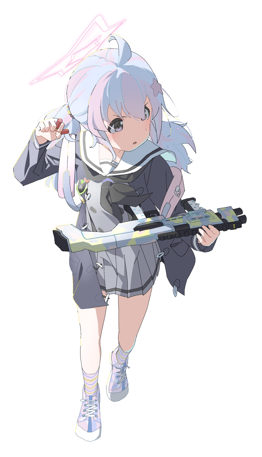 1girl absurdres ahoge black_jacket black_neckerchief blue_archive full_body fuyubone grey_serafuku grey_skirt gun hair_between_eyes hair_ornament halo highres holding holding_gun holding_weapon jacket long_hair long_sleeves multicolored_hair neckerchief open_clothes open_jacket parted_lips pink_hair pink_halo pleated_skirt purple_eyes purple_hair reisa_(blue_archive) sailor_collar school_uniform serafuku shoes shotgun simple_background skirt socks solo standard_manufacturing_dp-12 star_(symbol) star_hair_ornament striped_clothes striped_socks twintails weapon white_background white_sailor_collar