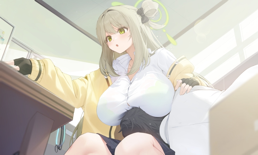 1boy 1girl bare_shoulders black_gloves black_skirt blonde_hair blue_archive blurry blush bow breast_rest breast_smother breasts chair cleavage collared_shirt desk face_to_breasts fingerless_gloves gloves green_eyes green_halo hair_between_eyes hair_bun hair_ornament halo highres holding indoors jacket lap_pillow large_breasts light_brown_hair long_hair long_sleeves nonomi_(blue_archive) open_clothes open_mouth parted_lips pleated_skirt ribbon school_uniform shirt sidelocks single_hair_bun single_side_bun sitting skirt solo_focus white_shirt xiujia_yihuizi yellow_eyes