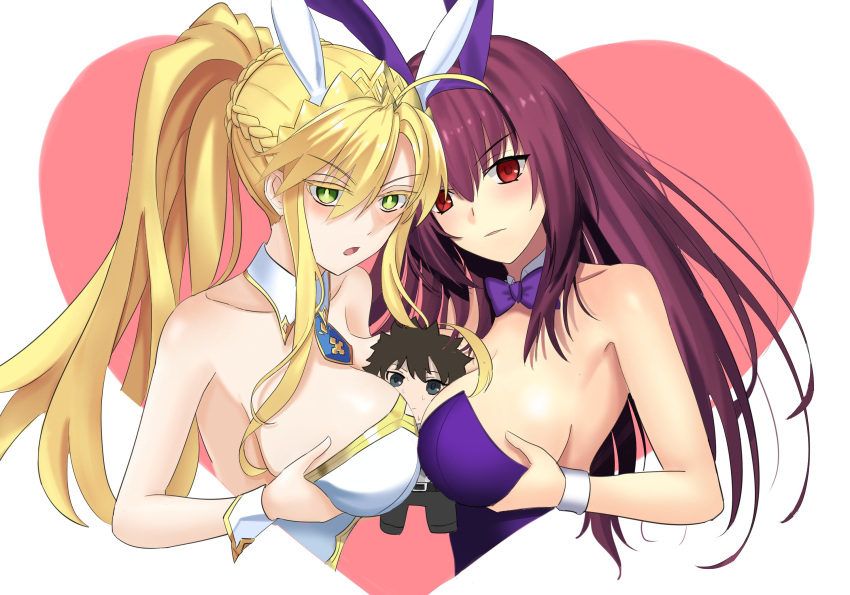 2girls :o ahoge animal_ears artoria_pendragon_(fate) artoria_pendragon_(swimsuit_ruler)_(fate) bare_shoulders between_breasts blonde_hair blue_necktie bow bowtie braid breasts character_doll cleavage closed_mouth commentary detached_collar english_commentary expressionless fake_animal_ears fate/grand_order fate_(series) french_braid fujimaru_ritsuka_(male) fumo_(doll) green_eyes hair_between_eyes heart highres leotard long_hair longdq3008 looking_at_viewer multiple_girls necktie official_alternate_costume playboy_bunny ponytail purple_bow purple_bowtie purple_hair purple_leotard rabbit_ears red_eyes scathach_(fate) scathach_(piercing_bunny)_(fate) sidelocks strapless strapless_leotard very_long_hair white_leotard wrist_cuffs