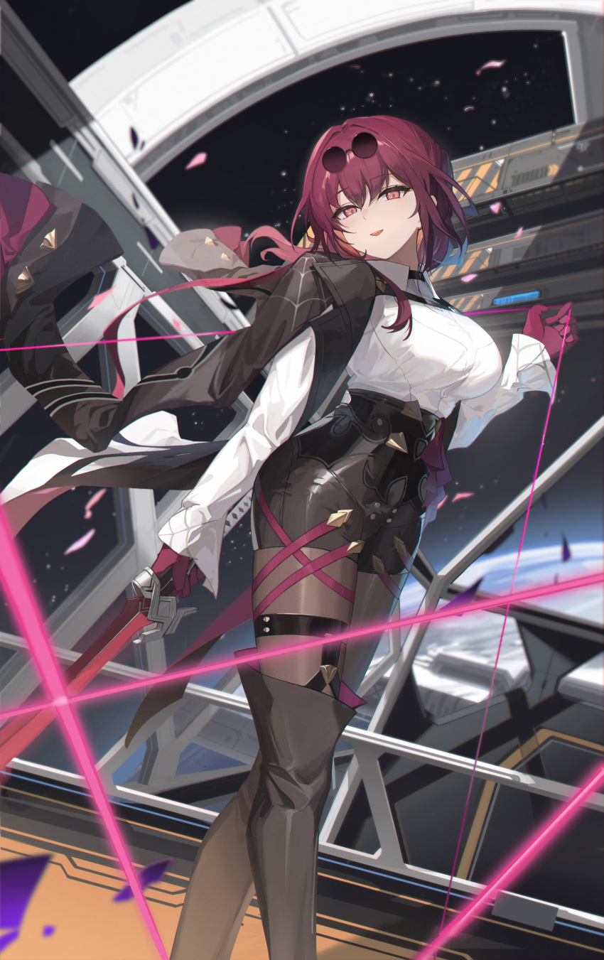 1girl absurdres black_coat black_footwear black_pantyhose blurry blurry_background boots breasts coat coat_on_shoulders depth_of_field eruthika eyewear_on_head gloves hand_up high-waist_shorts highres honkai:_star_rail honkai_(series) kafka_(honkai:_star_rail) knee_boots large_breasts long_hair long_sleeves looking_at_viewer open_mouth pantyhose pink_eyes purple_hair red_gloves shirt shorts smile solo standing string sunglasses white_shirt