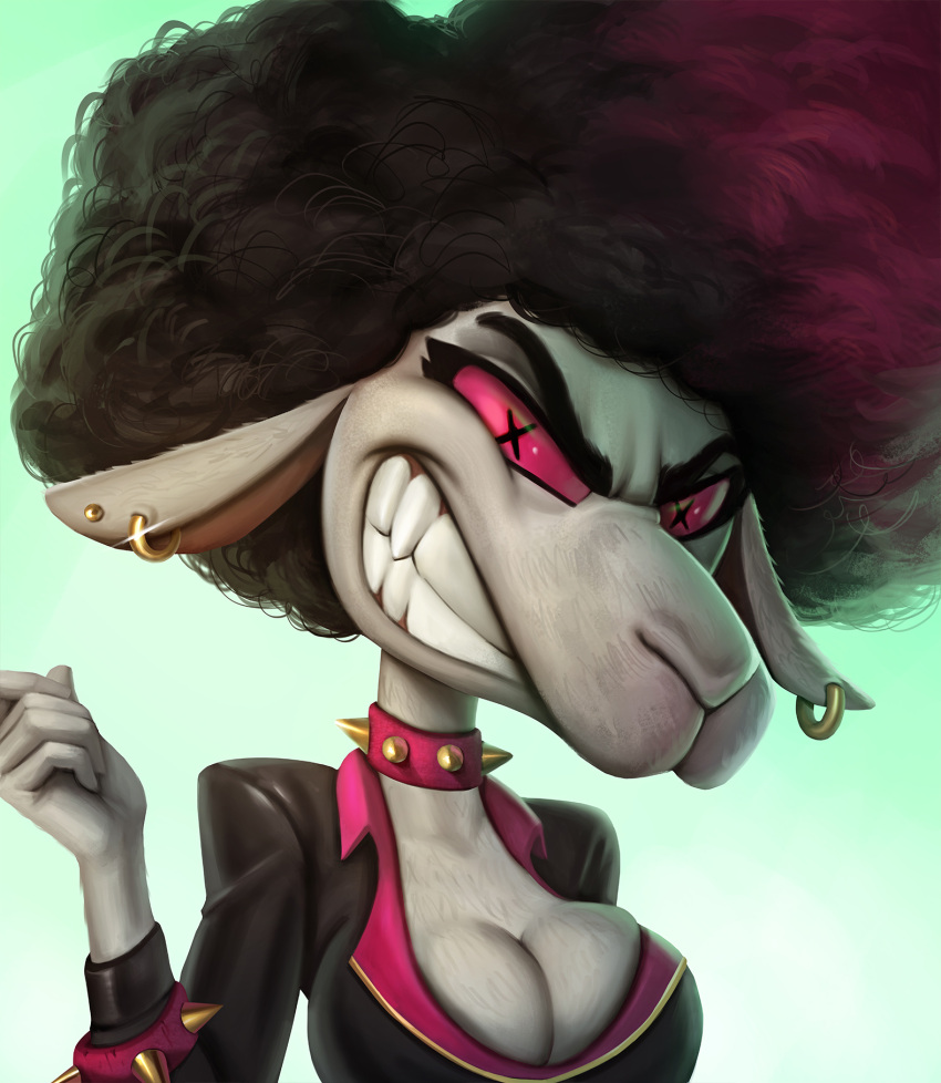 2023 5_fingers afro anthro big_breasts black_clothing black_hair black_jacket black_topwear bovid bracelet breasts caprine cleavage clothed clothing collar colored ear_piercing ear_ring ears_down eyebrows eyelashes female fingers frown fur gradient_background grey_body grey_fur hair hi_res jacket jewelry light lighting looking_at_viewer mammal nakvi piercing pink_clothing pink_collar pink_light pink_sclera pivoted_ears portrait punk ring_piercing shaded sheep simple_background solo spiked_bracelet spiked_collar spikes tan_inner_ear teeth topwear x_eyes