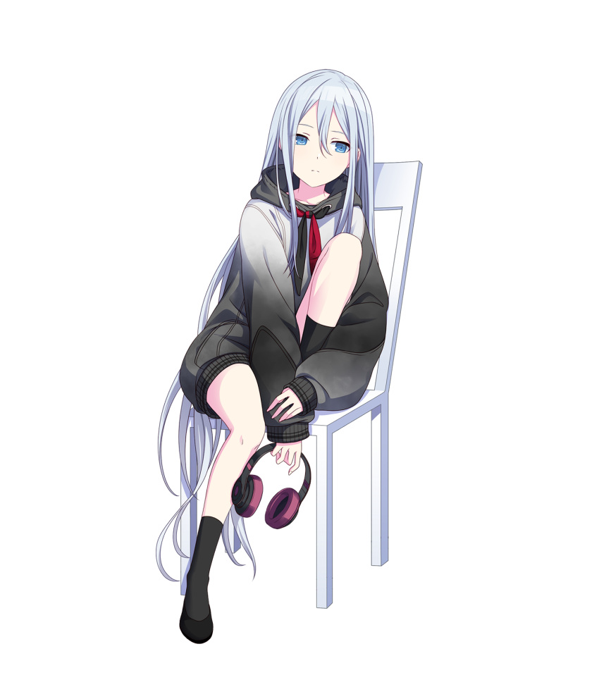 1girl black_footwear black_hoodie black_socks blue_eyes expressionless full_body grey_hair hair_between_eyes headphones highres holding holding_headphones hood hoodie long_hair long_sleeves looking_to_the_side multicolored_clothes multicolored_hoodie non-web_source official_art on_chair project_sekai sitting socks solo straight_hair tachi-e transparent_background very_long_hair white_hoodie yoisaki_kanade