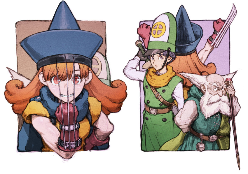 1girl 2boys alena_(dq4) arms_up beard belt blue_hat border brey buttons claw_(weapon) clift closed_mouth commentary_request dragon_quest dragon_quest_iv facial_hair gloves green_hat grin hat highres holding holding_staff iwamoto_tatsurou mitre multiple_boys old old_man orange_eyes orange_hair outside_border red_gloves smile staff sword sword_on_back teeth weapon weapon_on_back white_border white_hair witch_hat