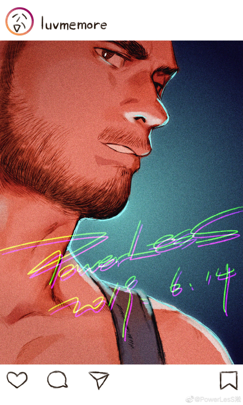 1boy absurdres bara beard_stubble black_tank_top close-up facial_hair highres instagram male_focus mature_male mustache_stubble original parted_lips powerlesssong short_hair solo stubble tank_top thick_eyebrows turning_head