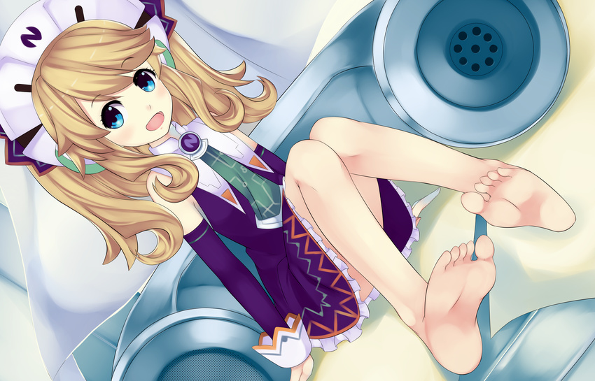 :d absurdres bare_legs barefoot corded_phone dutch_angle feet handsofmidaz happy highres histoire legs minigirl neptune_(series) open_mouth phone smile soles solo toes
