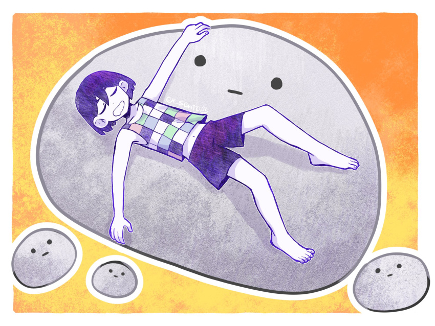 1boy 6f6d6f7269 closed_eyes collarbone colored_skin drooling highres kel_(headspace)_(omori) kel_(omori) lying mouth_drool navel omori on_back open_mouth pet_rock purple_hair short_hair shorts solo white_skin