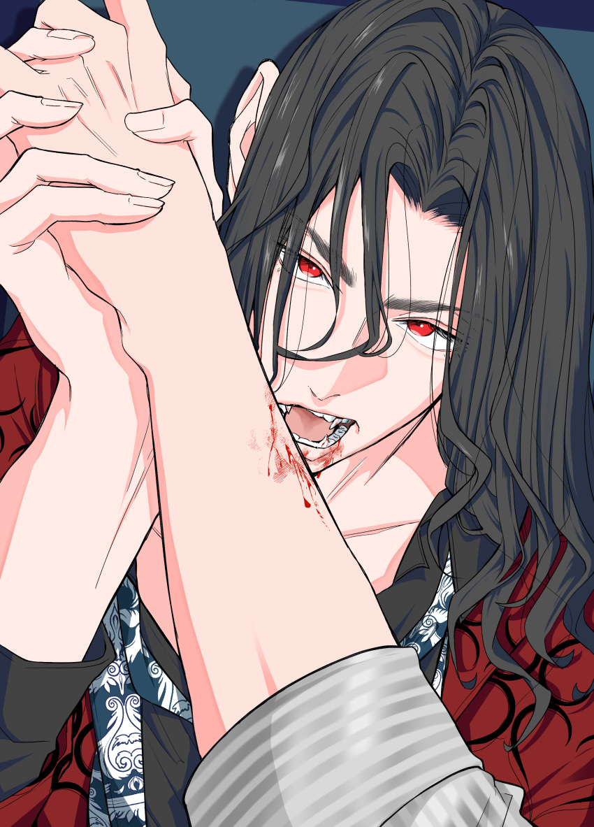 1boy 1girl absurdres baji_keisuke black_hair blood blood_on_arm blood_on_face fangs female_pov franz0224 head_down highres holding_hands jacket light_frown long_hair looking_at_viewer male_focus open_mouth portrait pov pov_hands red_eyes red_jacket sleeves_rolled_up teeth tokyo_revengers