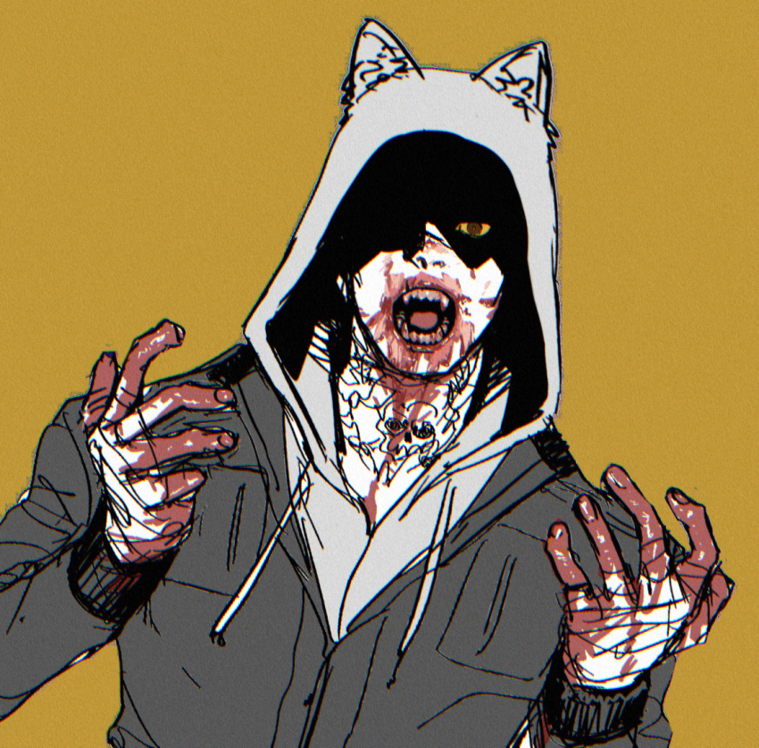 1boy animal_ears black_jacket blood blood_on_face blood_on_hands blood_on_neck blood_on_teeth c2h4_(1849155751) dead_by_daylight fangs grey_hoodie hands_up hood hoodie horror_(theme) jacket looking_at_viewer male_focus neck_tattoo open_mouth portrait sharp_teeth simple_background solo tattoo teeth wolf_ears yellow_eyes