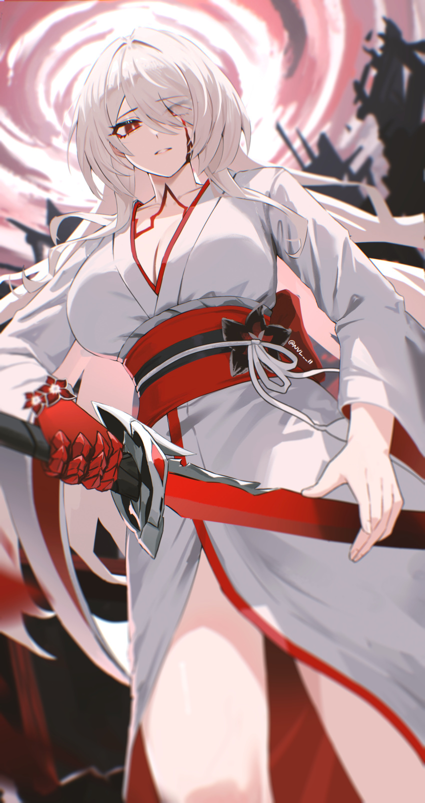 1girl absurdres acheron_(honkai:_star_rail) breasts cleavage commentary cowboy_shot hair_over_one_eye highres holding holding_sword holding_weapon honkai:_star_rail honkai_(series) japanese_clothes katana kimono large_breasts long_sleeves looking_at_viewer nvl obi official_alternate_color official_alternate_costume parted_lips red_eyes red_sash sash solo standing sword thighs weapon white_hair white_kimono