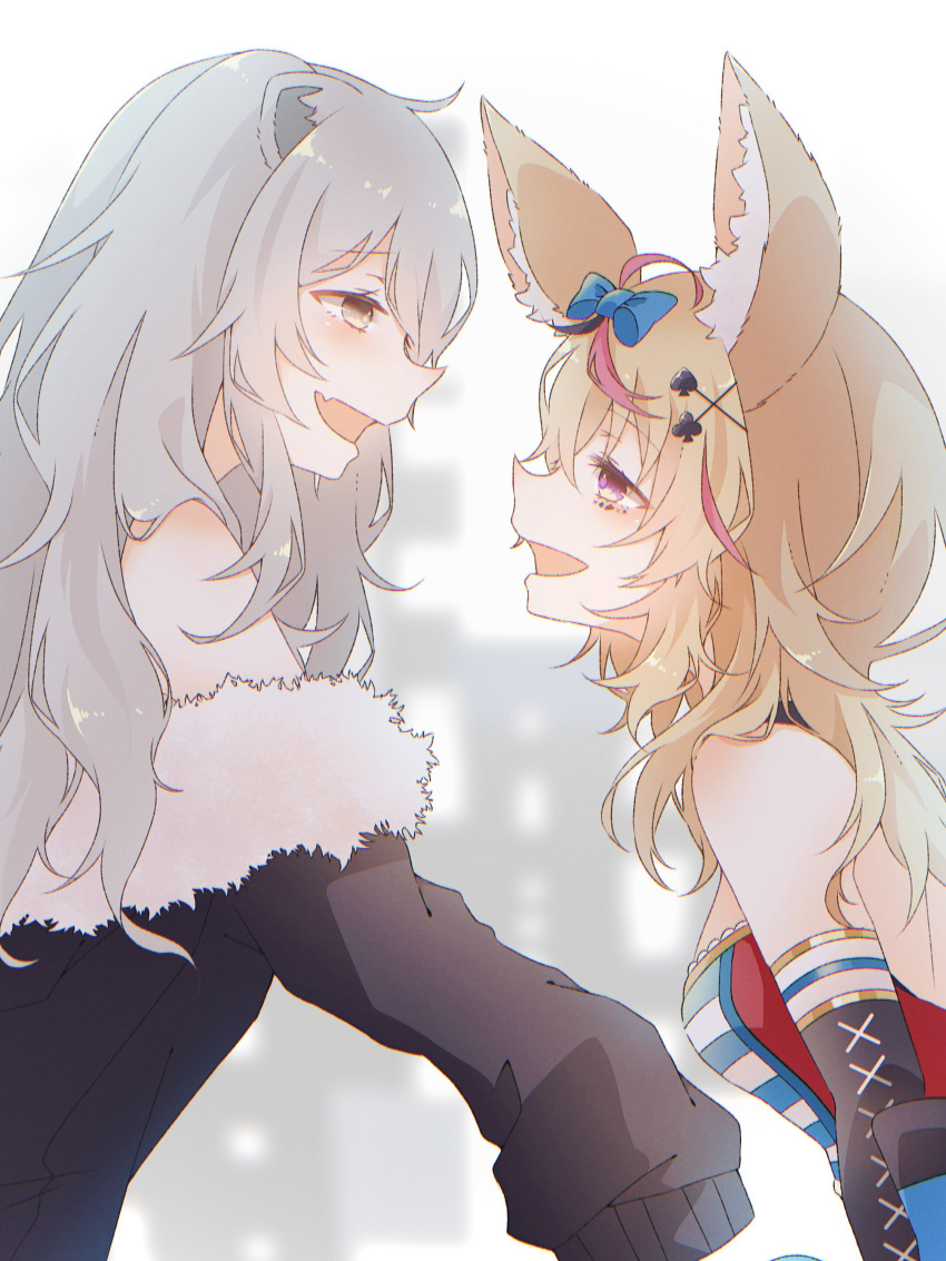 2girls absurdres ahoge animal_ear_fluff animal_ears black_gloves black_hair black_jacket blonde_hair blurry blurry_background commentary_request elbow_gloves eye_contact facial_mark fang fox_ears fox_girl from_side fur-trimmed_jacket fur_trim gloves grey_eyes grey_hair hair_ornament hairclip highres hololive jacket lion_ears long_hair looking_at_another moko_nplb multicolored_hair multiple_girls omaru_polka omaru_polka_(1st_costume) open_mouth pink_hair profile purple_eyes shirt shishiro_botan shishiro_botan_(1st_costume) sidelocks single_elbow_glove skin_fang sleeveless sleeveless_shirt sleeves_past_fingers sleeves_past_wrists smile streaked_hair upper_body virtual_youtuber x_hair_ornament