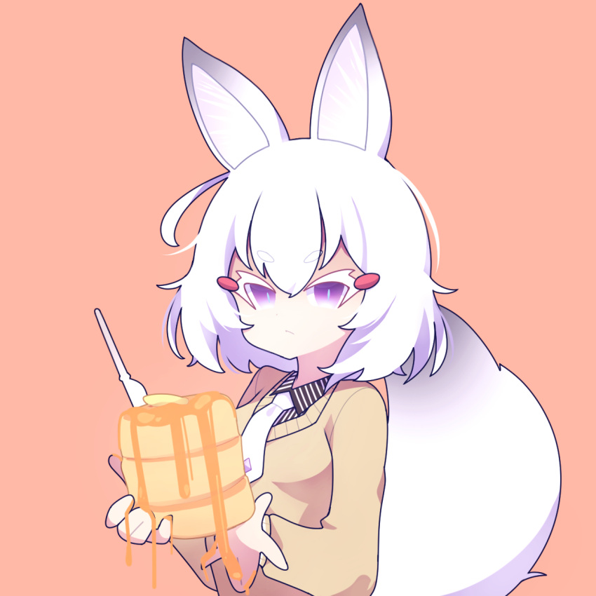 1girl animal_ears cross_(vgne4542) food fox_ears fox_girl fox_tail highres looking_at_viewer pancake phase_connect short_hair simple_background solo tail tenma_maemi tenma_maemi_(1st_costume) virtual_youtuber white_hair