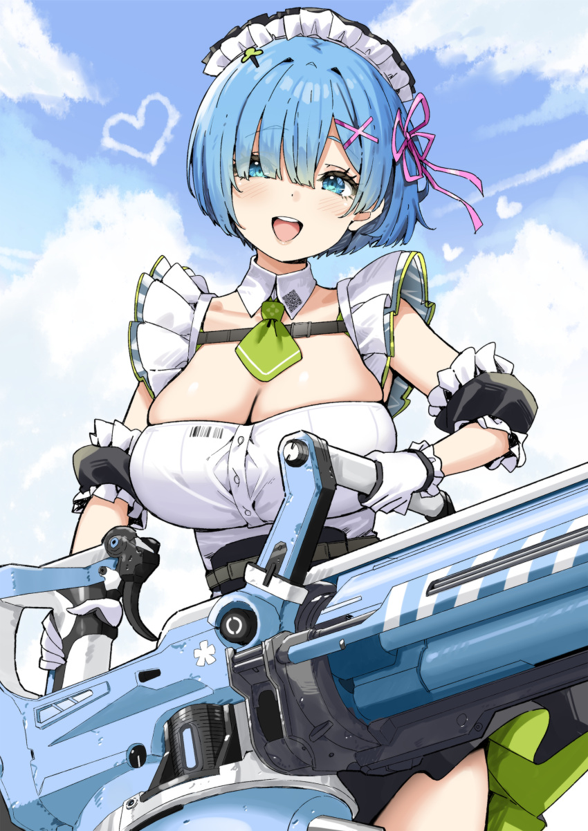 1girl :d absurdres ascot blue_eyes blue_hair blue_sky breasts cleavage cloud commentary day gloves goddess_of_victory:_nikke green_ascot gun hair_ornament hair_over_one_eye hair_ribbon heart highres holding holding_gun holding_weapon large_breasts looking_at_viewer maid_headdress outdoors pink_ribbon re:zero_kara_hajimeru_isekai_seikatsu rem_(re:zero) ribbon short_hair sky sky-freedom smile solo thighs weapon white_gloves x_hair_ornament