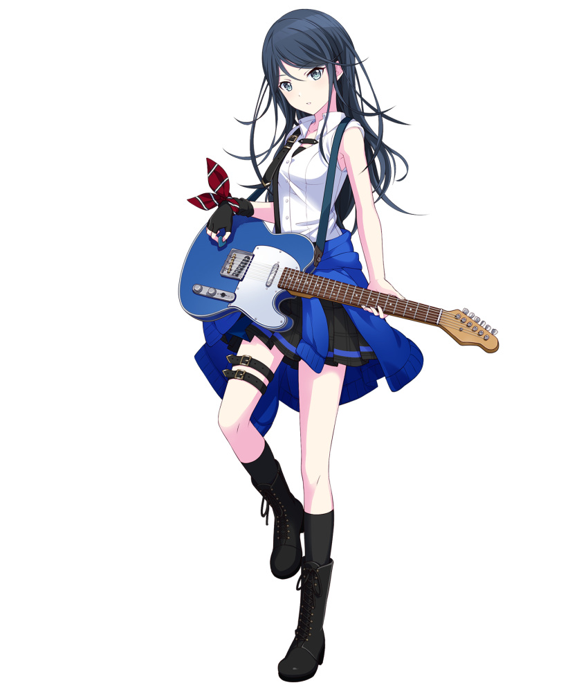 1girl bare_shoulders black_footwear black_gloves black_hair black_skirt black_socks blue_jacket boots clothes_around_waist cross-laced_footwear fingerless_gloves full_body gloves grey_eyes guitar highres holding holding_guitar holding_instrument hoshino_ichika_(project_sekai) instrument jacket jacket_around_waist leg_belt looking_at_viewer non-web_source official_art parted_lips project_sekai shirt single_glove skirt sleeveless socks solo tachi-e transparent_background white_shirt