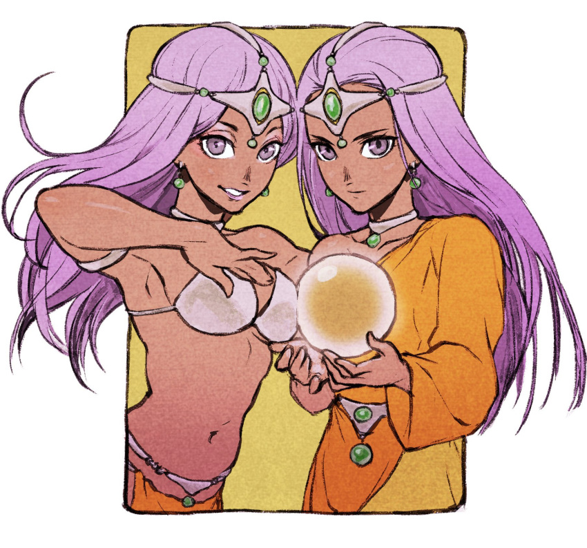 2girls armpits border breasts commentary_request dangle_earrings dark-skinned_female dark_skin dragon_quest dragon_quest_iv earrings highres holding_orb iwamoto_tatsurou jewelry long_hair manya_(dq4) minea_(dq4) multiple_girls navel outside_border purple_eyes purple_hair simple_background smile teeth tiara white_border yellow_background