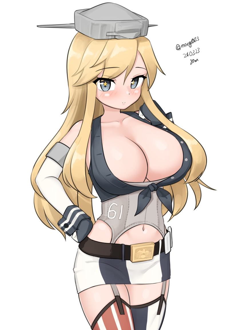 1girl absurdres american_flag_legwear asymmetrical_legwear blonde_hair blue_eyes breasts cleavage commentary_request cowboy_shot dated elbow_gloves flag_print front-tie_top gloves hair_between_eyes highres iowa_(kancolle) jacket kantai_collection large_breasts long_hair looking_at_viewer maru_(marg0613) mismatched_legwear skirt smile solo star-shaped_pupils star_(symbol) striped_clothes striped_thighhighs symbol-shaped_pupils thighhighs twitter_username vertical-striped_clothes vertical-striped_thighhighs white_background