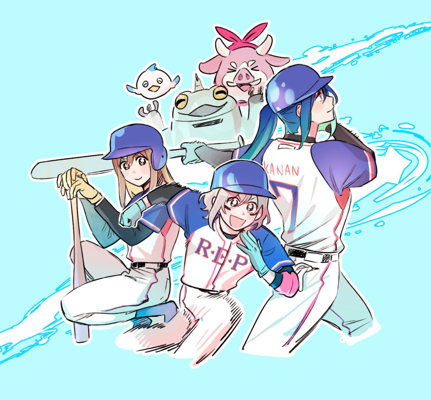 3girls baseball_bat baseball_helmet baseball_uniform black_shirt blue_background blue_eyes blue_gloves blue_hair brown_eyes brown_hair character_request closed_mouth commentary_request gloves grey_hair helmet highres holding holding_baseball_bat korean_commentary kunikida_hanamaru layered_sleeves long_hair long_sleeves love_live! love_live!_sunshine!! matsuura_kanan medium_hair multiple_girls open_mouth pants pito_(sh02327) ponytail shirt shirt_tucked_in short_over_long_sleeves short_sleeves simple_background smile sportswear undershirt watanabe_you water white_pants white_shirt