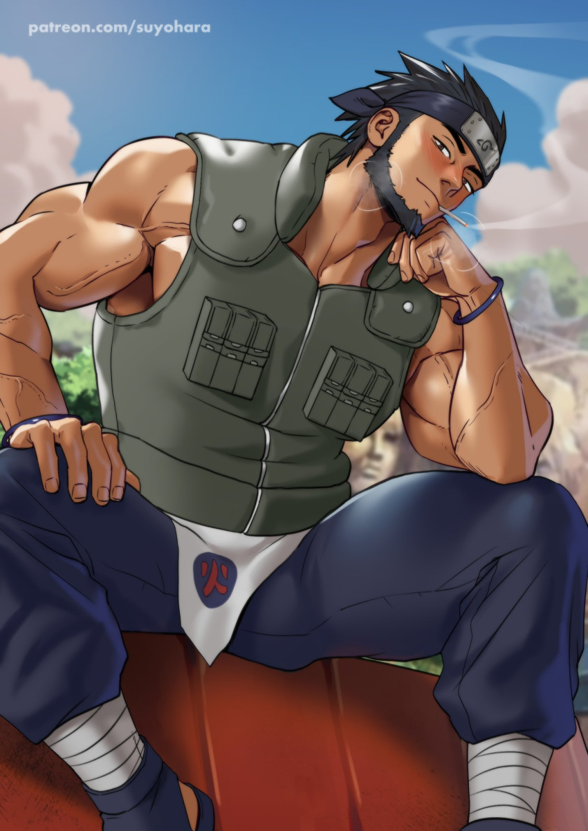 1boy bandaged_leg bandages bara beard black_hair black_pants cloud day facial_hair forehead_protector highres looking_at_viewer male_focus mature_male muscular muscular_male naruto_(series) naruto_shippuuden outdoors pants patreon_username sandals sarutobi_asuma short_hair sky solo suyohara