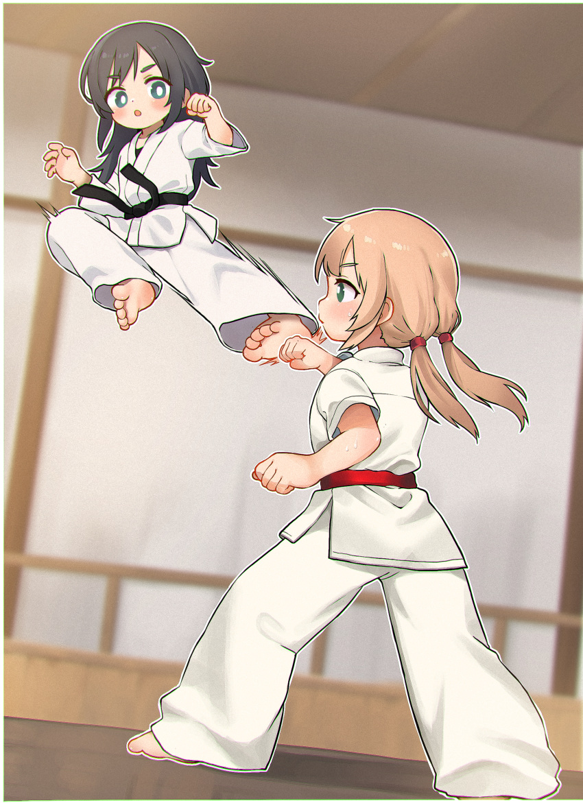 2girls absurdres barefoot belt black_belt black_hair brown_hair commentary_request dougi full_body highres indoors karate kicking kuma-bound low_twintails martial_arts_belt multiple_girls open_mouth original pants red_belt soles sweat toes twintails v-shaped_eyebrows white_pants