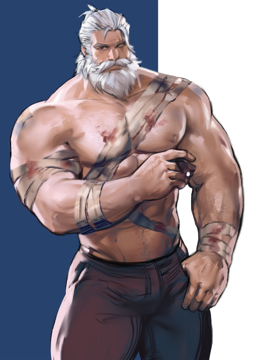 1boy abs bandaged_arm bandaged_torso bandages bara beard black_pants cigar dopey_(dopq) english_commentary facial_hair highres injury looking_at_viewer male_focus muscular muscular_male mustache old old_man overwatch overwatch_2 pants pectorals reinhardt_(overwatch) scar scar_across_eye smoking thumb_in_pocket topless_male white_hair