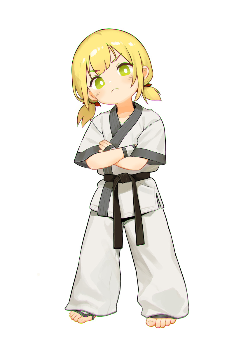 1girl absurdres barefoot belt black_belt black_trim blonde_hair closed_mouth commentary_request crossed_arms dougi frown full_body green_eyes highres kuma-bound low_twintails martial_arts_belt medium_hair original pants short_twintails simple_background solo standing toes twintails v-shaped_eyebrows white_background white_pants