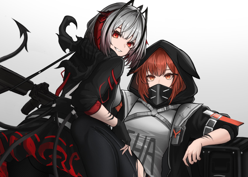 2girls absurdres antenna_hair arknights black_jacket black_pantyhose commentary commission couch crownslayer_(arknights) demon_horns demon_tail english_commentary gradient_background grenade_launcher grey_background grey_shirt highres hood hooded_jacket horns jacket looking_at_viewer looking_back mask material_growth multiple_girls myb52 orange_eyes orange_hair oripathy_lesion_(arknights) pantyhose pixiv_commission red_eyes red_hair shirt sitting sitting_on_lap sitting_on_person tail torn_clothes torn_pantyhose upper_body w_(arknights) weapon